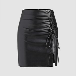 Cider Curve Black Ruched Mini Skirt with Slit